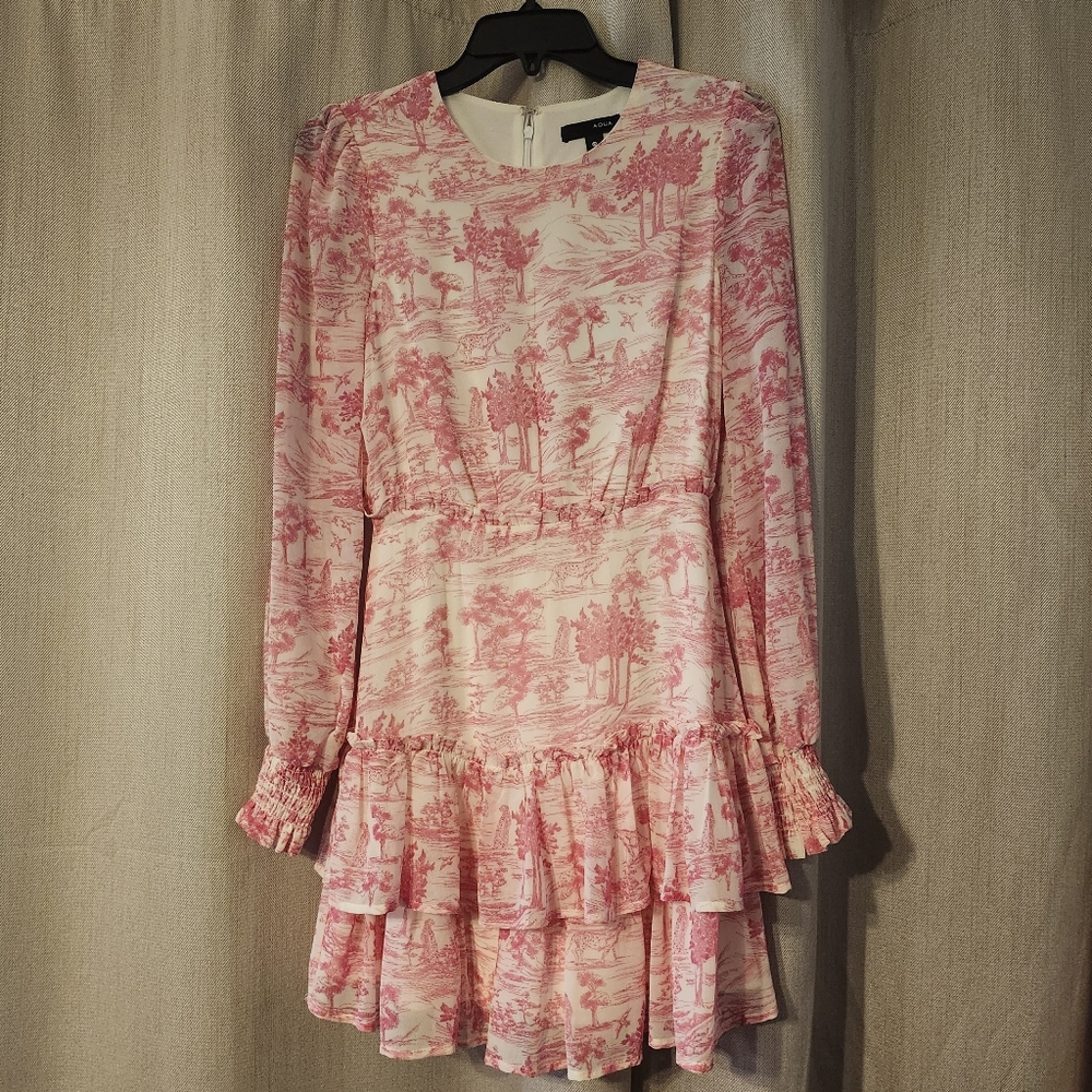 Aqua Hot Pink & White Toile Tiered Ruffle Line Fit And Flair Sz XS  EUC